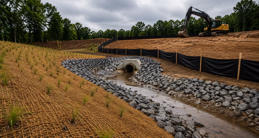 Erosion and sediment control installation with a riprap outlet and silt fencing on a graded slope